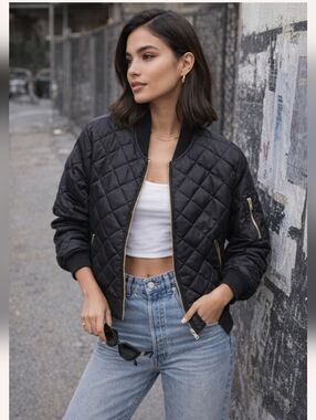 7 For All Mankind Black Quilted Bomber Jacket XL Gold Zipper Street Style